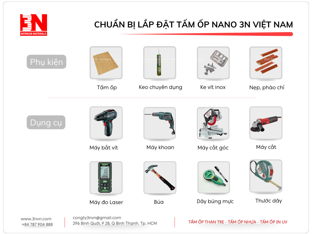 Vật tư và dụng cụ lắp đặt tấm ốp nhựa nano